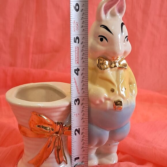 Vintage 60s Ceramic Easter Bunny Planter Hand Painted 22K Gold Easter Decor - Picture 7 of 10